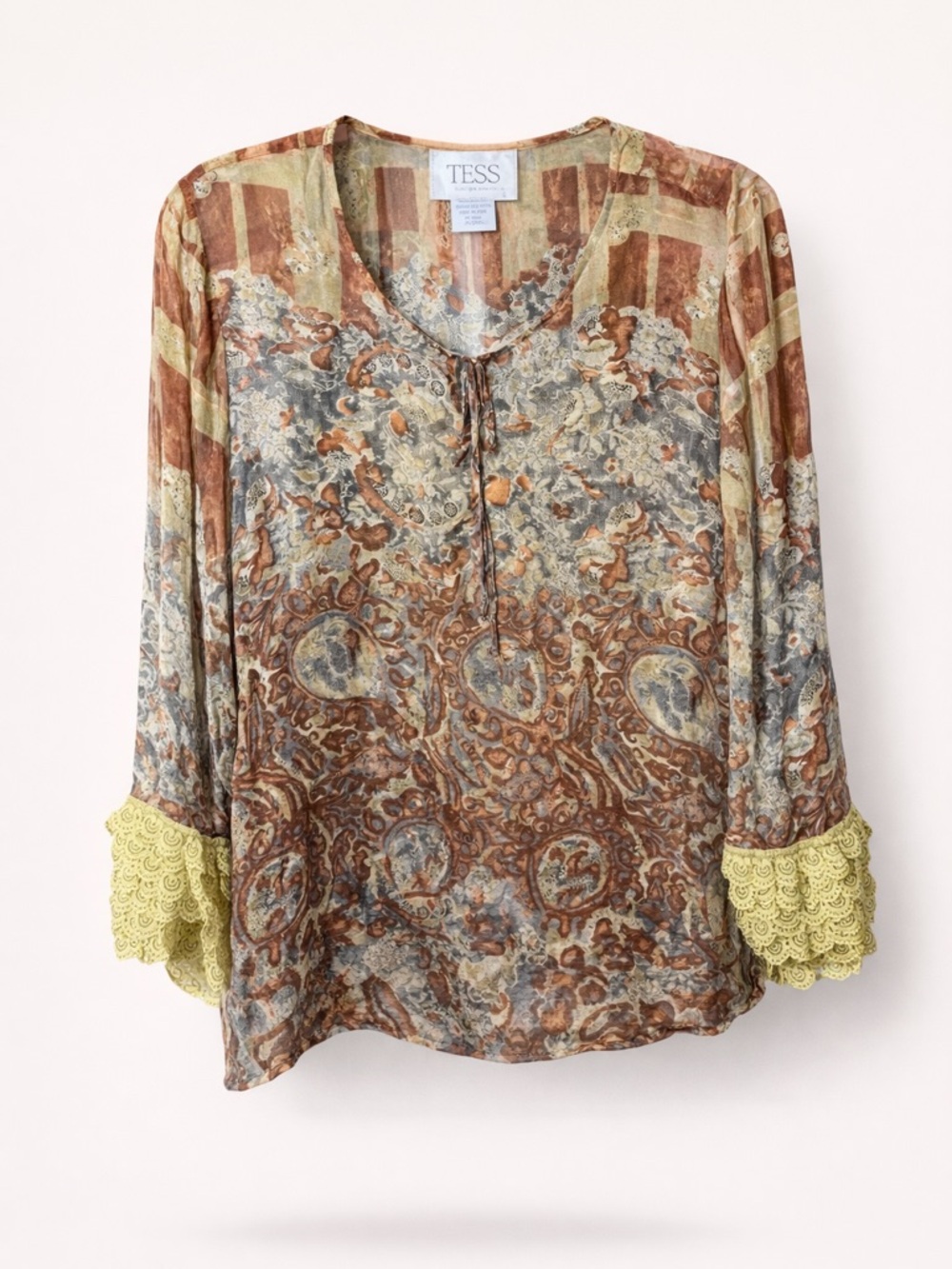 TESS 100% Silk Boho Blouse Lace Cuff Sheer Romantic Fairy Top Size L